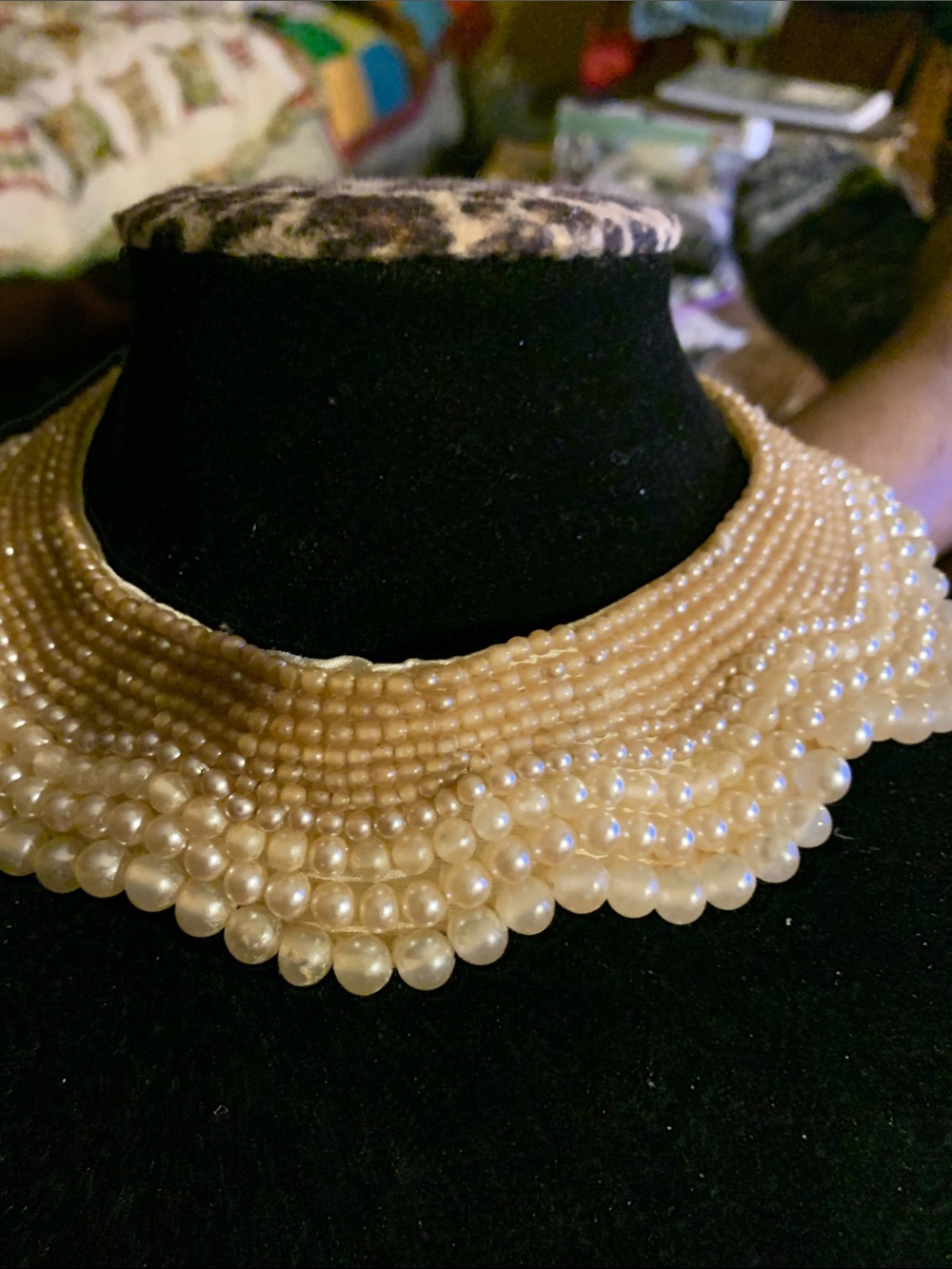 Vintage 1940-50s faux pearls Multi-Row collar with satin backing & hook.